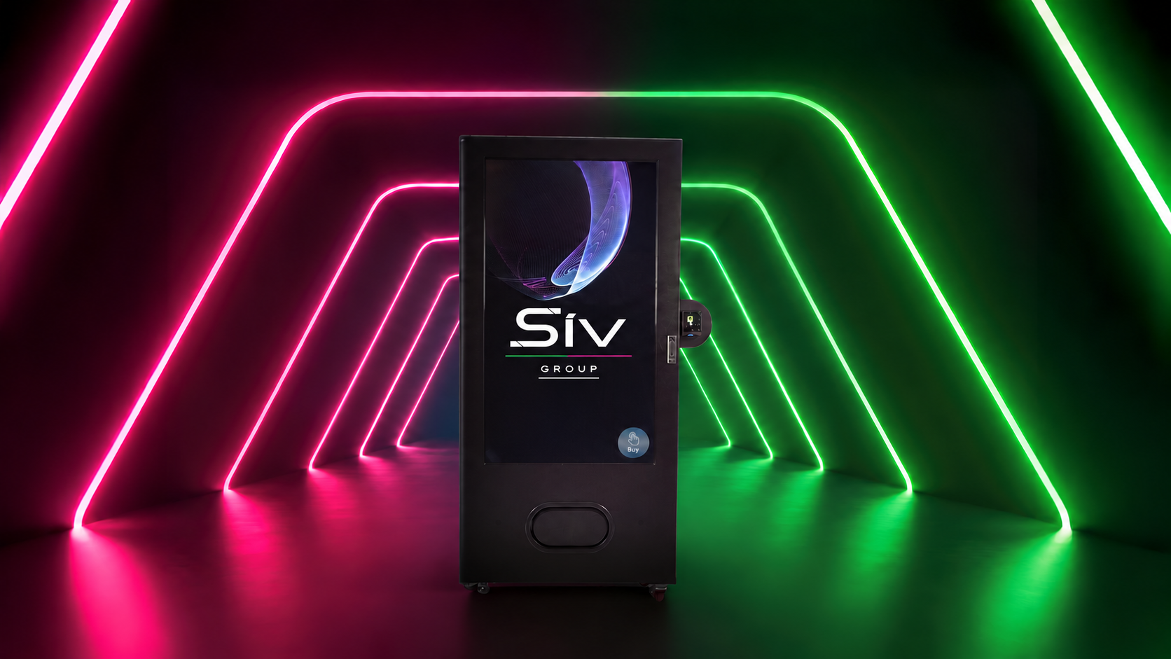 SIV vending machine centred in a tunnel of pink and green neon lights.