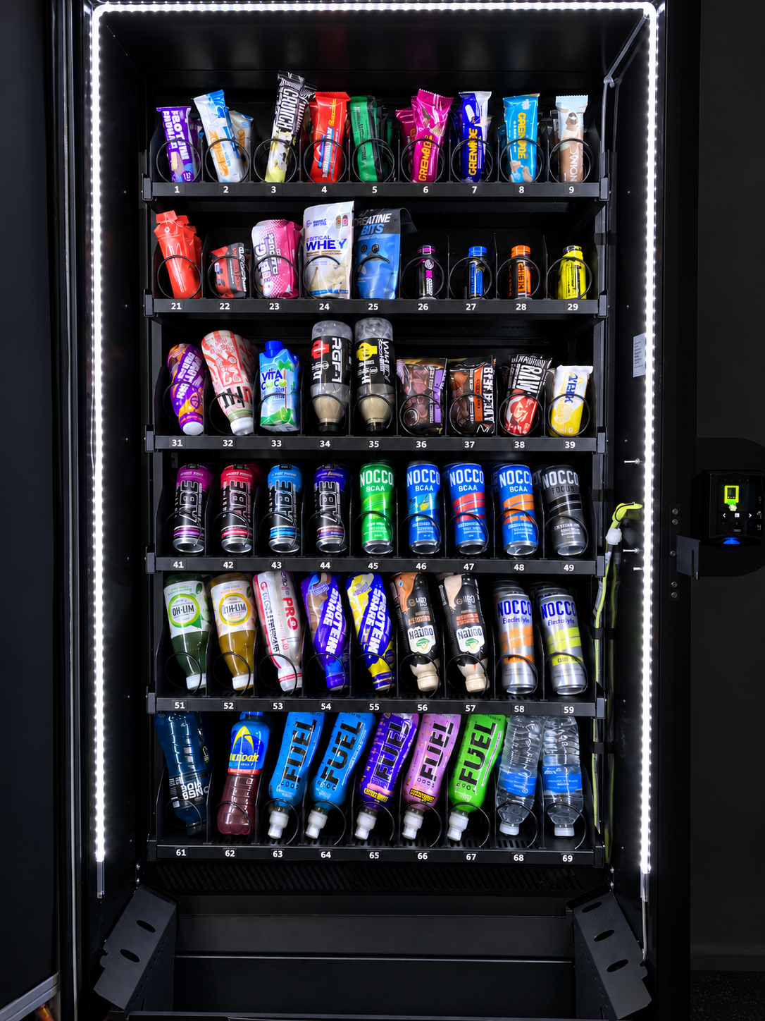 Stocked SIV vending machine with a selection of sports nutrition, snacks and drinks.