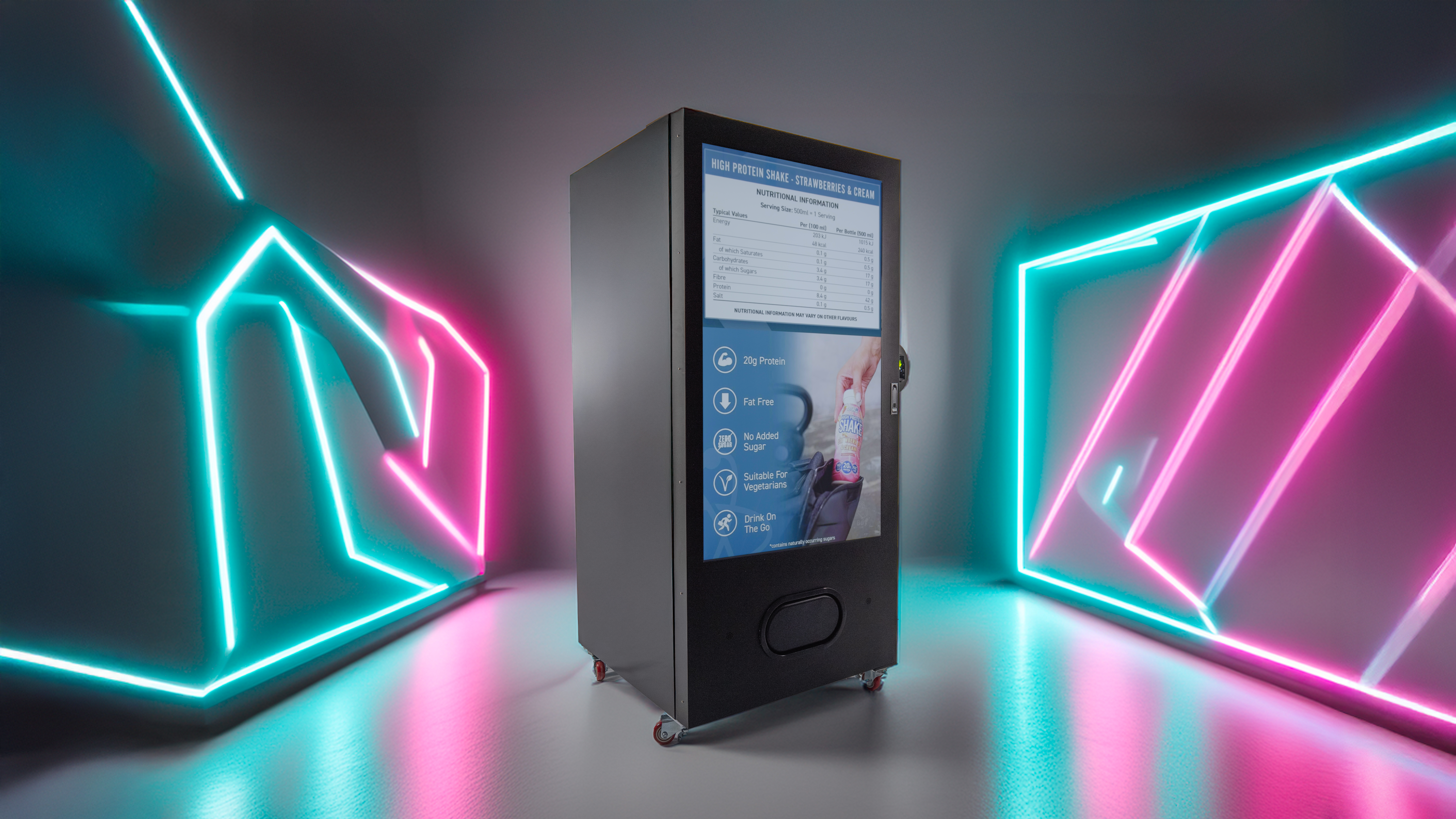 Interactive vending machine displaying product nutrition information, surrounded by cyan and pink lighting.